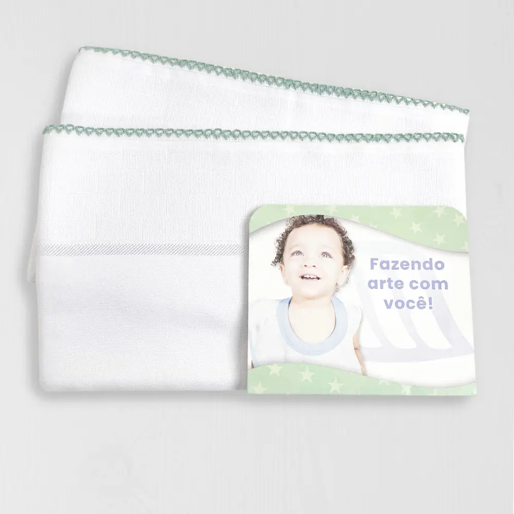 Kit 2 unid Fralda de Banho Mabber Barra para Pintar e Bordar Modelo Estrela com Acabamento de Crochê 100% Algodão 80x80 - Verde vintage jlm