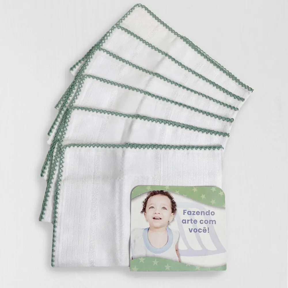 Kit 6 unid Fralda de Boca Mabber Barra para Pintar e Bordar Modelo Estrela com Acabamento de Crochê 100% Algodão 30x40 - Verde vintage jlm