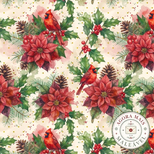 Sarja Impermeável Exclusiva JLM Natal Flor com Cardeal 100% Algodão - Variante 1