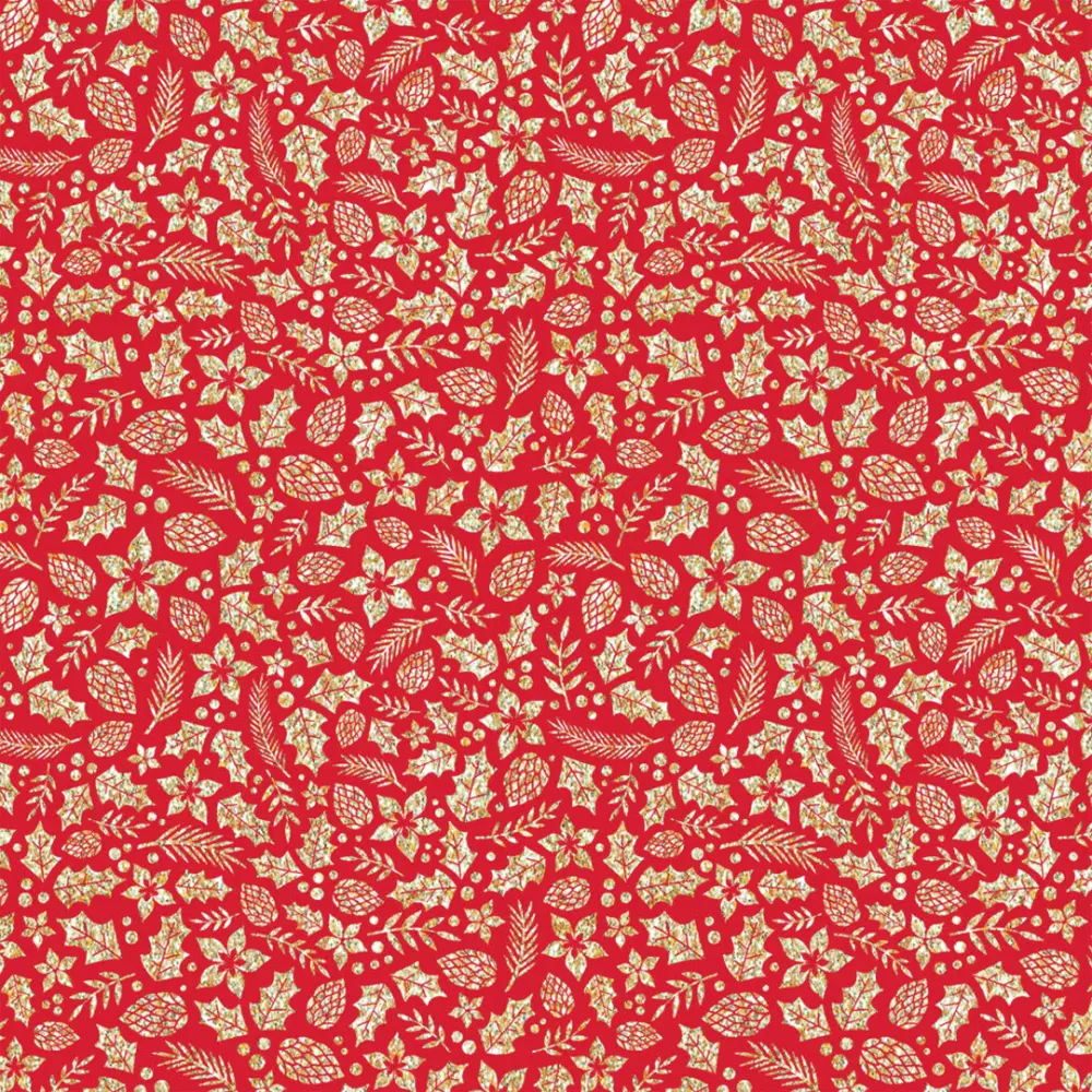 Tecido Tricoline Natal - Folhas Glitter Dourado - 100% Algodão - 1,50m largura - Vermelho