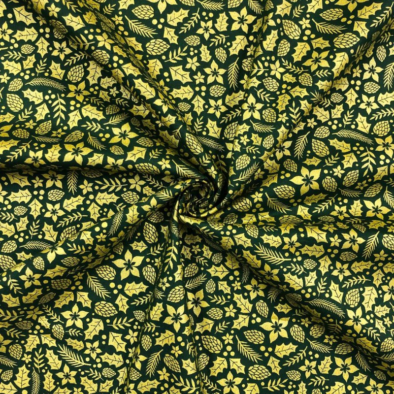 Tecido Tricoline Natal - Folhas Glitter Dourado - 100% Algodão - 1,50m largura - Variante 59