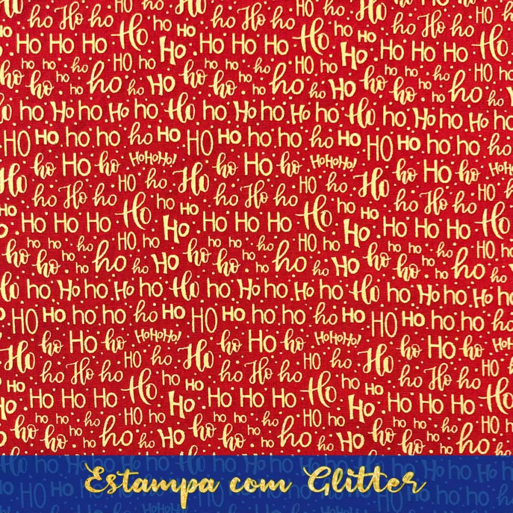 Tecido Tricoline Natal - HOHOHO Glitter Dourado - 100% Algodão - 1,50m largura - Variante 58