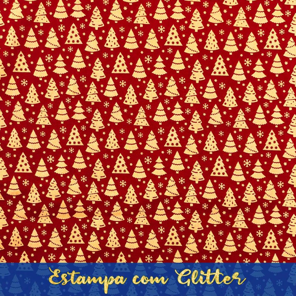 Tecido Tricoline Natal - Pinheiro Glitter Dourado - 100% Algodão - 1,50m largura - Variante 58