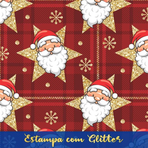 Tecido Tricoline - Papai Noel com Estrelas - 100% Algodão - 1,50m largura - Variante 1