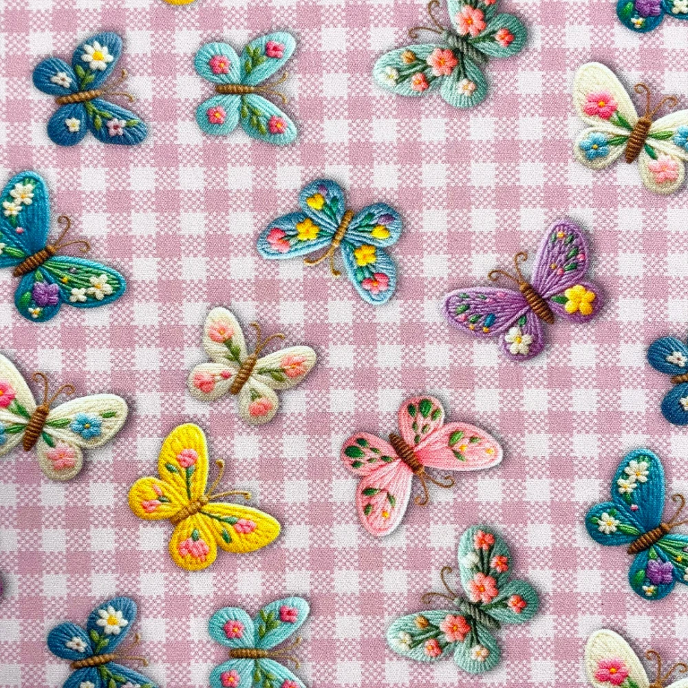 Tricoline Digital Borboletas Fundo Xadrez 100% Algodão 1,50m Largura - Variante 1