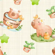 Tricoline Digital Fabricart Coleção Capivaras 100% Algodão 1,50m Largura - Capivara fundo creme