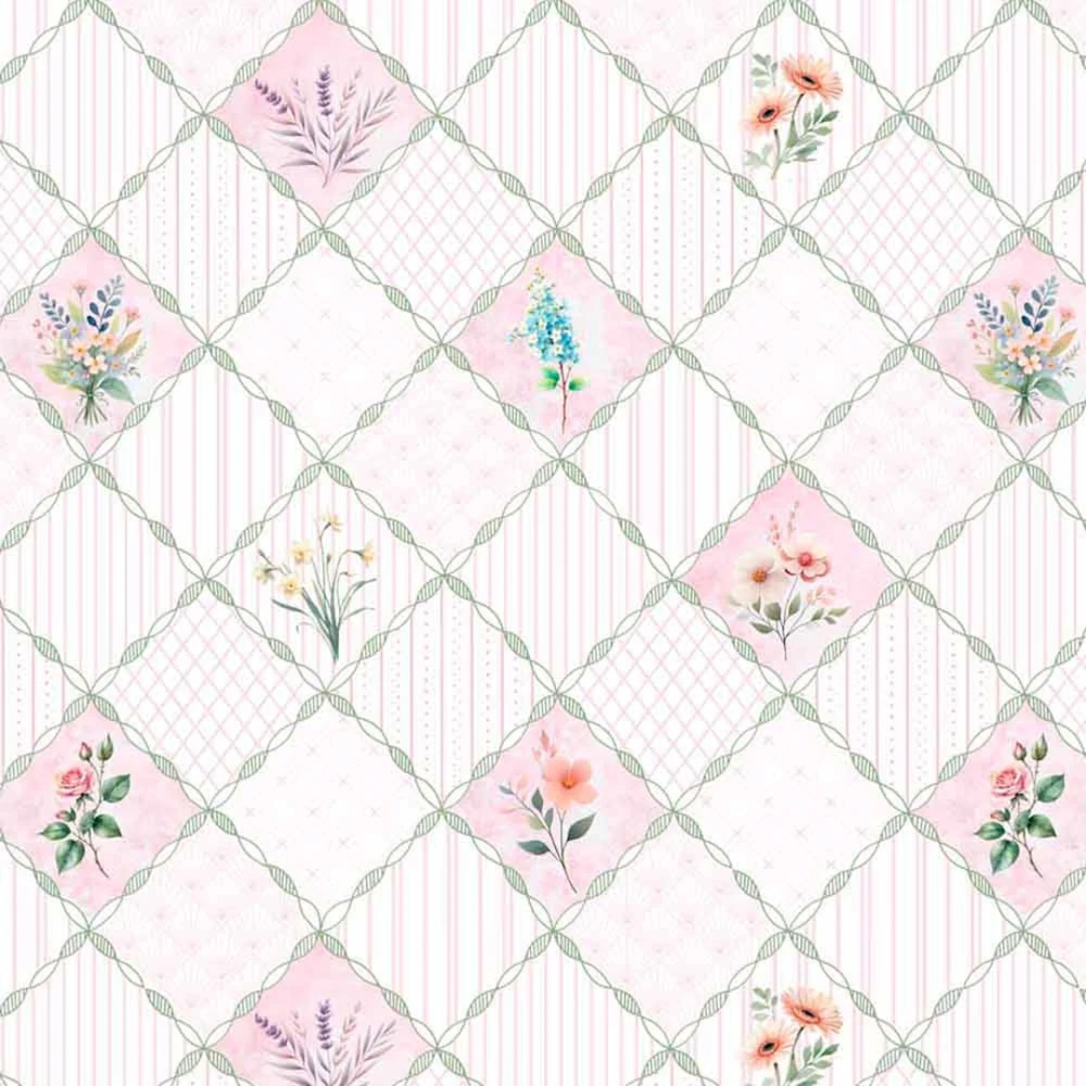 Tricoline Digital Fernando Maluhy Floral Romântico 100% Algodão - Treliça
