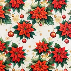 Tricoline Digital Fernando Maluhy Natal Flores Clássicas Fundo Creme 100% Algodão 1,50m Largura - C01