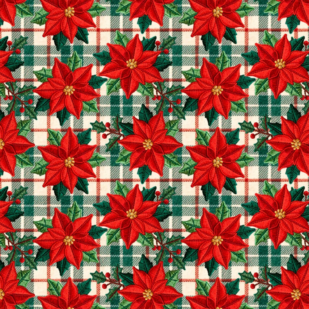Tricoline Digital Natal Flor Bordada 100% Algodão - Variante 1