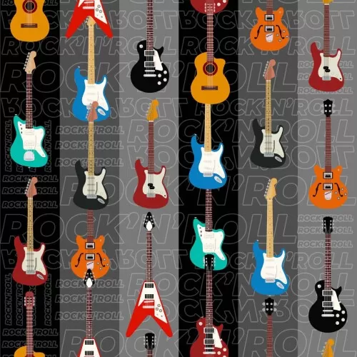 Tricoline Digital Rock 'n Roll Guitarras 100% Algodão 1,50m Largura - Variante 1