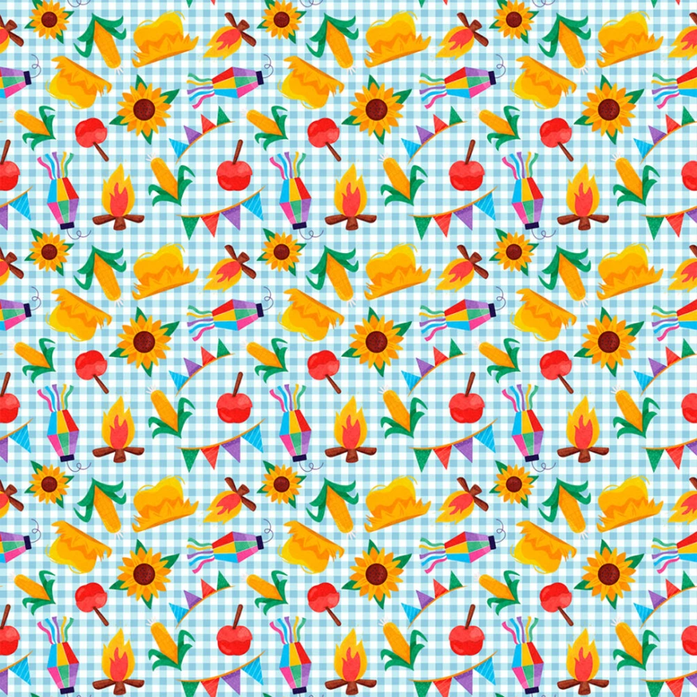 Tricoline Estampada Festa Junina Fundo Xadrez Azul 100% Algodão 1,50m Largura - Variante 1