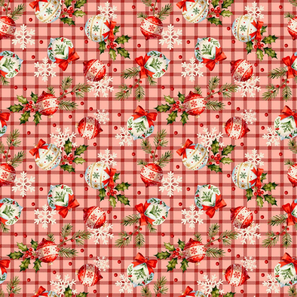Tricoline Estampada Natal Bolas fundo Xadrez 100% Algodão - Vermelho