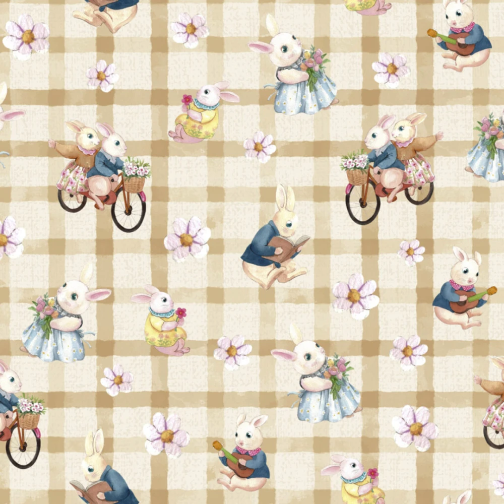 Tricoline Estampada Páscoa Bicicleta Fundo Bege 100% Algodão - Variante 1