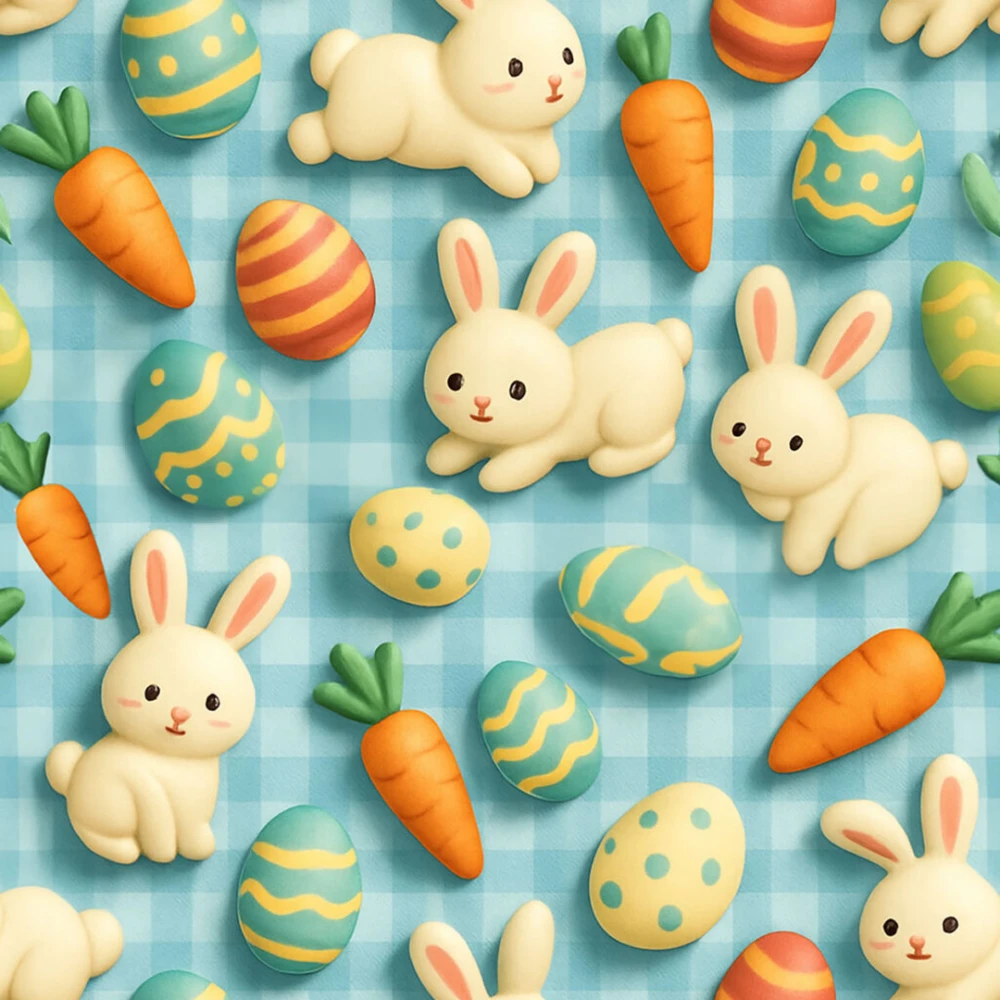 Tricoline Estampada Páscoa Coelho Fundo Xadrez Azul 100% Algodão - Variante 1