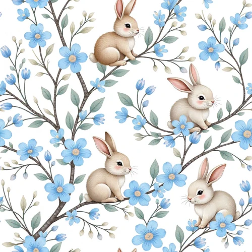 Tricoline Estampada Páscoa Galhos com Flor Azul 100% Algodão - Variante 1