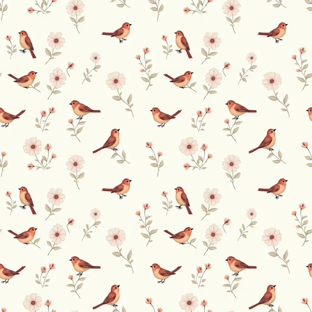 Tricoline Estampada Passarinhos Fundo Creme 100% Algodão 1,50m Largura - Variante 1
