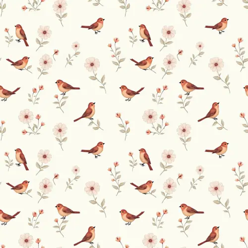 Tricoline Estampada Passarinhos Fundo Creme 100% Algodão 1,50m Largura - Variante 1