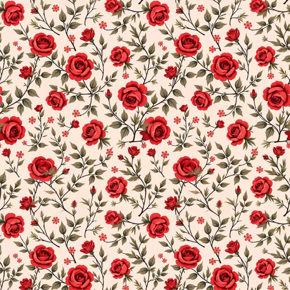 Tricoline Estampada Ramos Rosas Vermelhas 100% Algodão 1,50m Largura - Variante 1