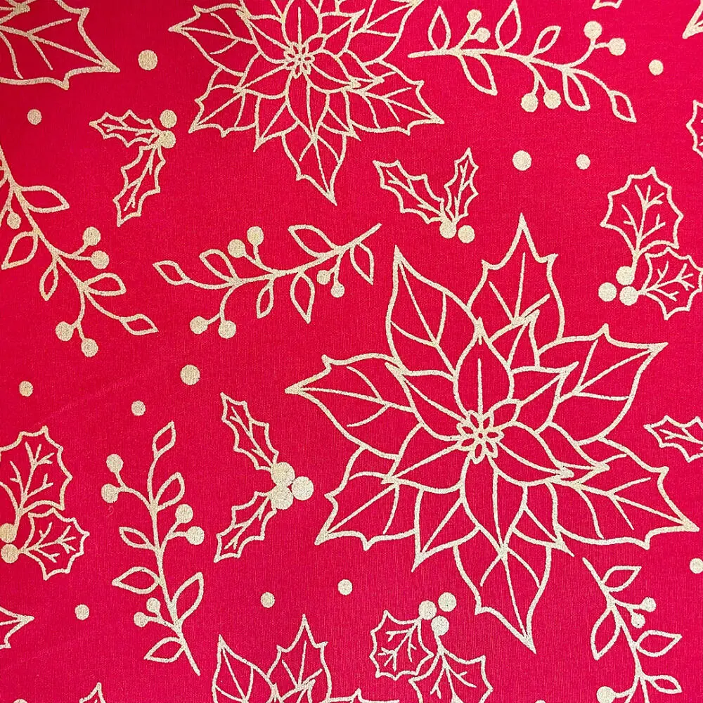 Tricoline Natal Contorno Flores com Glitter 100% Algodão - 1,50m largura - Vermelho
