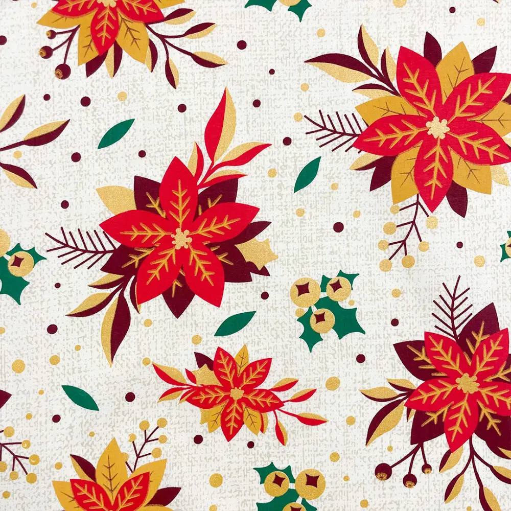 Tricoline Natal Flor Glitter Fundo Palha 100% Algodão 1,50m largura - Variante 1