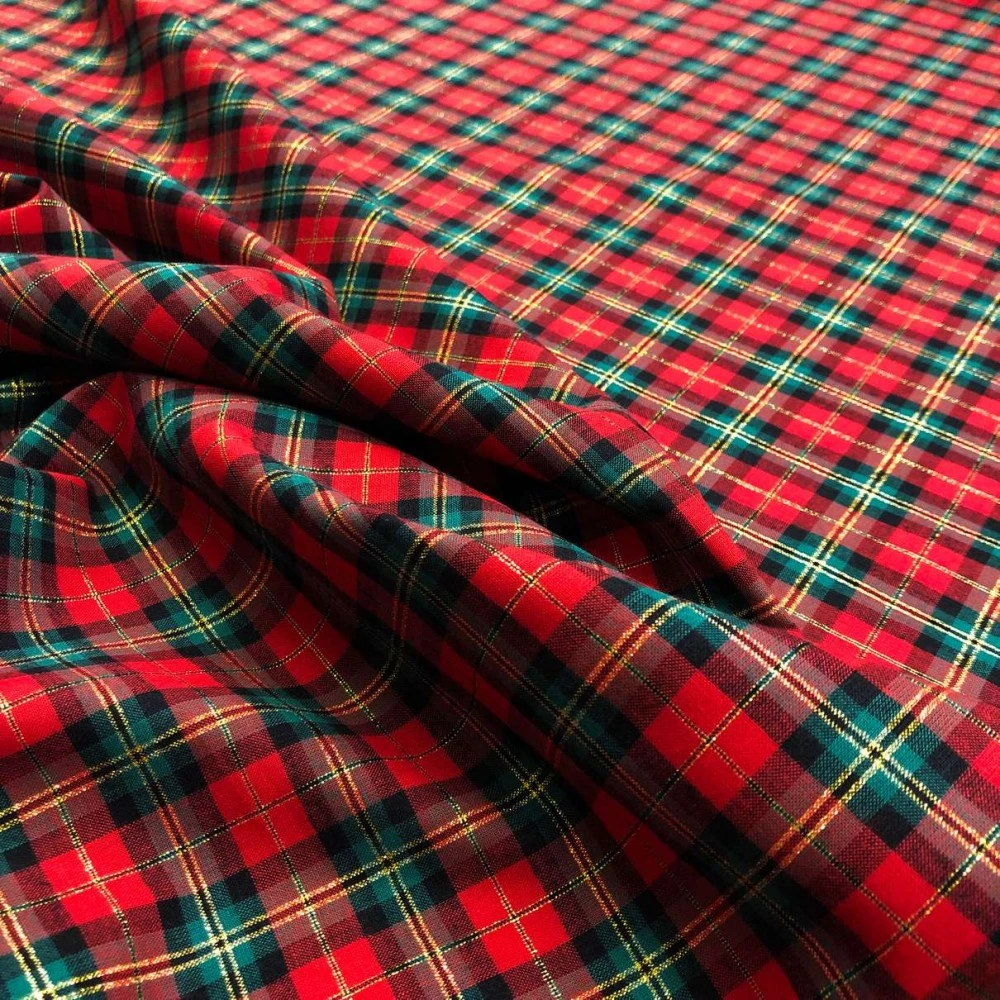 Tricoline Natal Xadrez Fio Tinto com Lurex Dourado 100% Algodão - Rena 1019